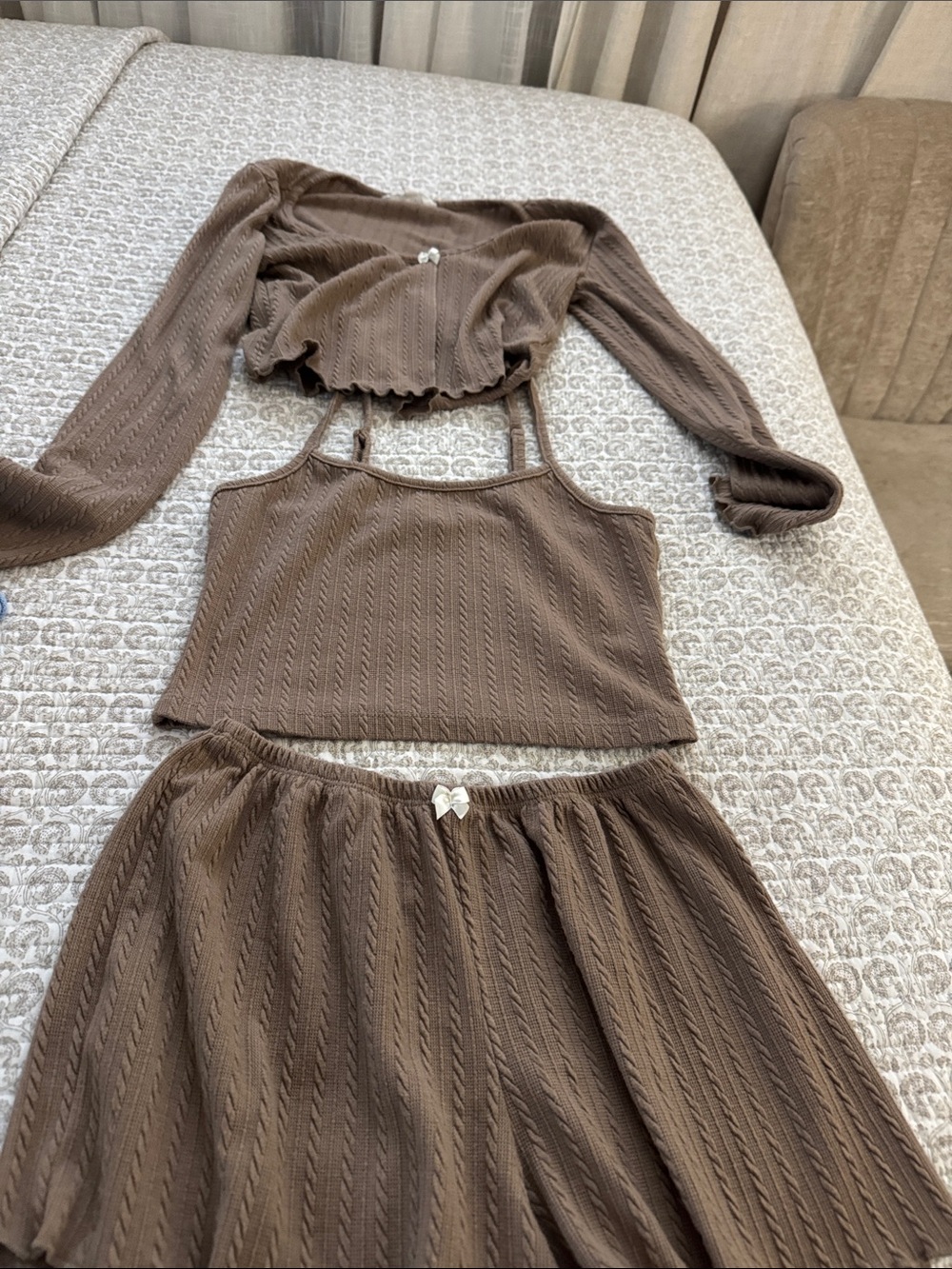 Pink Rose Brown Cable-Knit 3-Piece Pajama Set - Cardigan, Tank & Skirt